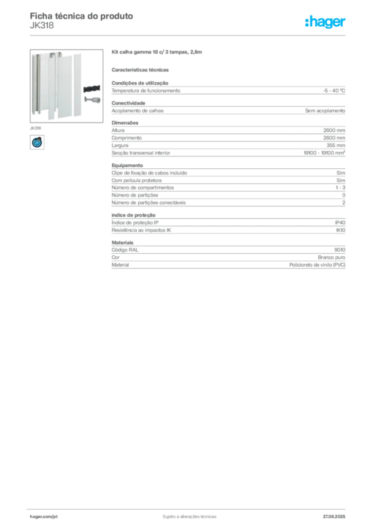 Imagem Hager Ficha técnica do produto JK318 | Hager Portugal