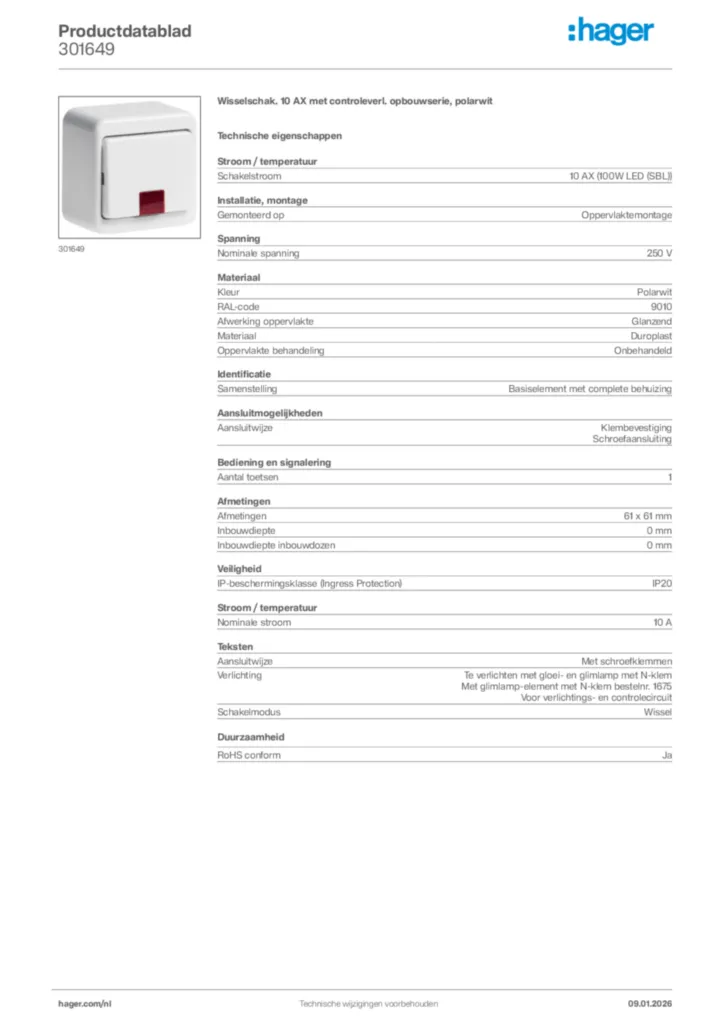 Afbeelding Hager Productdatablad 301649 | Hager Nederland