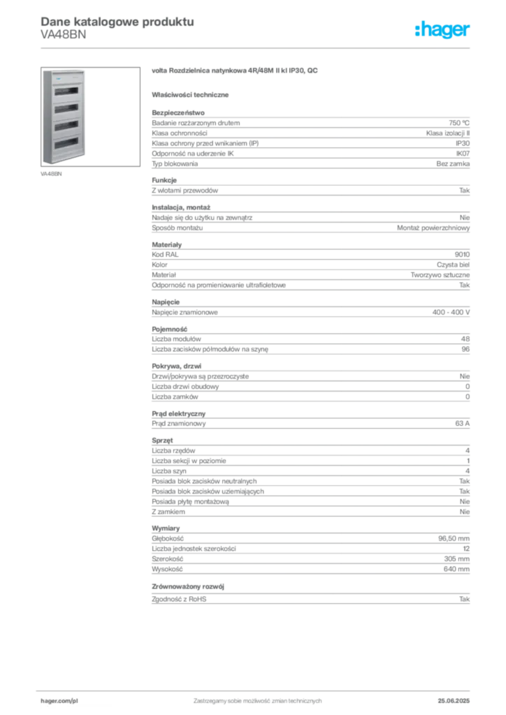Zdjęcie Hager Karta katalogowa VA48BN | Hager Polska