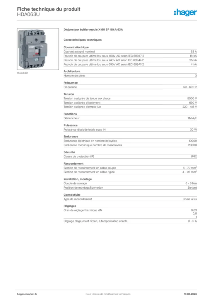 Image Hager Fiche technique du produit HDA063U | Hager Afrique
