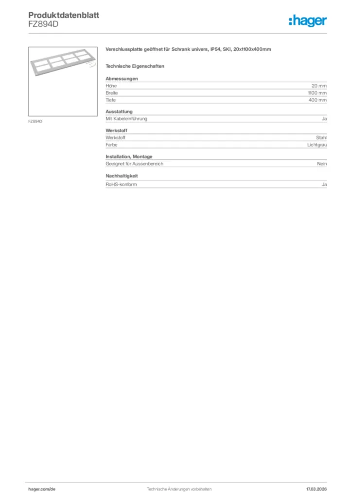 Bild Hager Produktdatenblatt FZ894D | Hager Deutschland