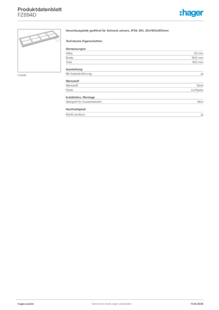 Bild Hager Produktdatenblatt FZ894D | Hager Deutschland