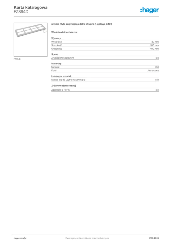 Zdjęcie Hager Karta katalogowa FZ894D | Hager Polska