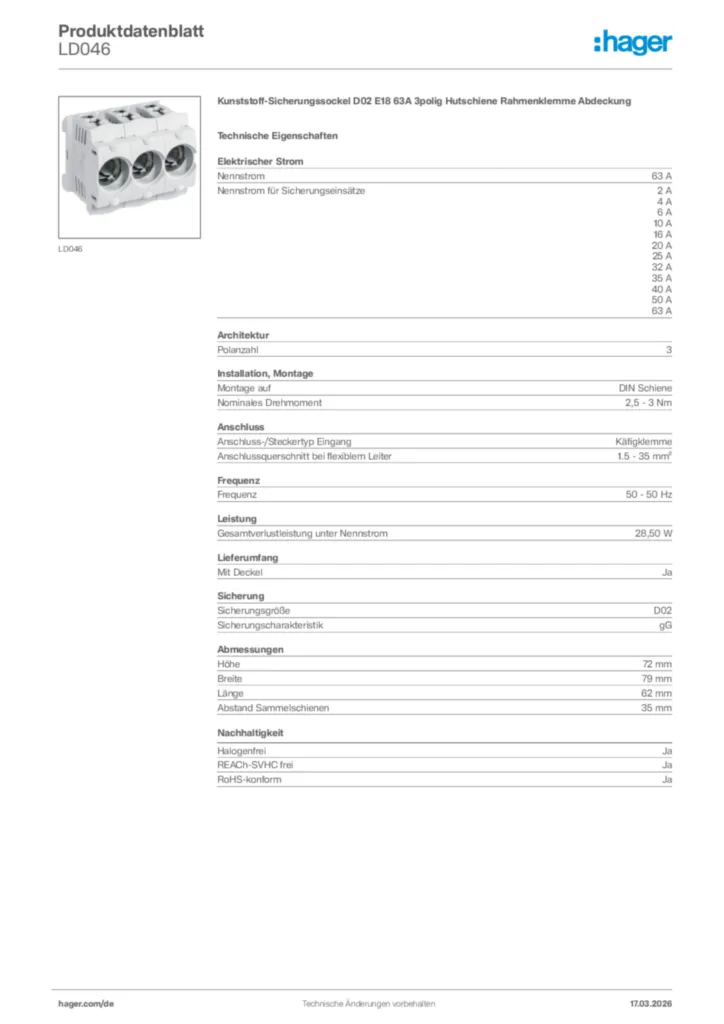 Bild Hager Produktdatenblatt LD046 | Hager Deutschland