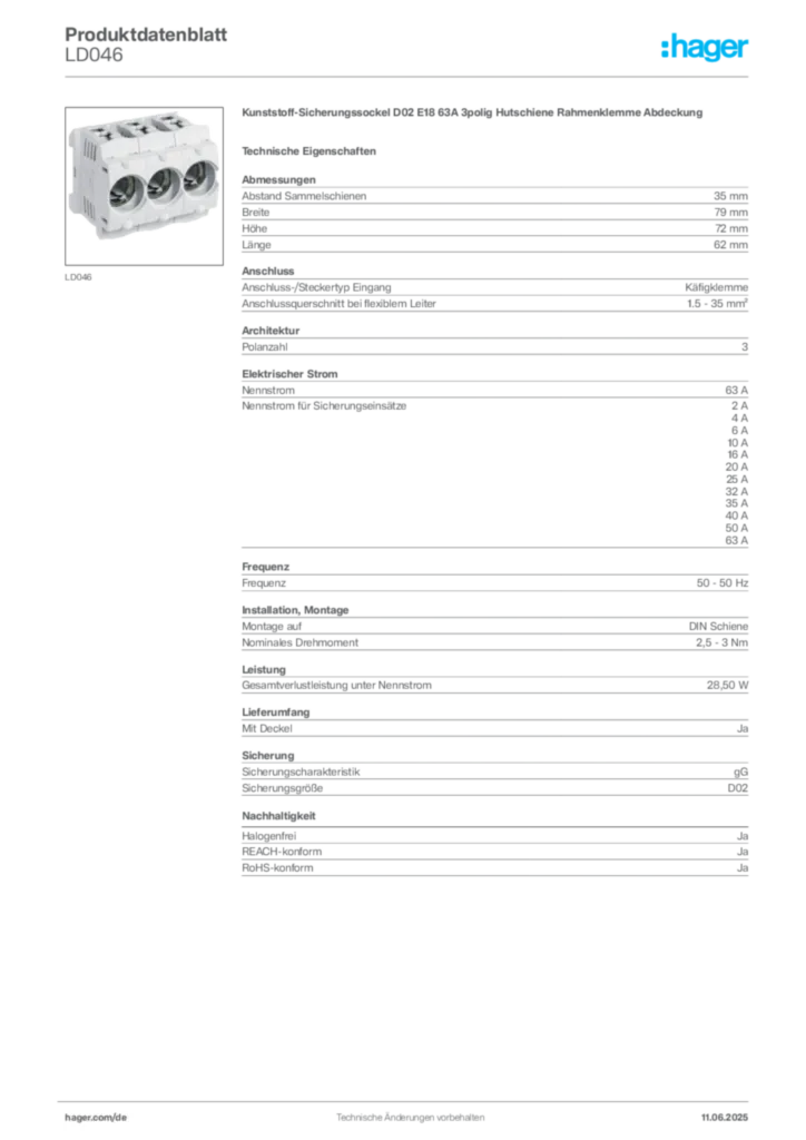 Bild Hager Produktdatenblatt LD046 | Hager Deutschland