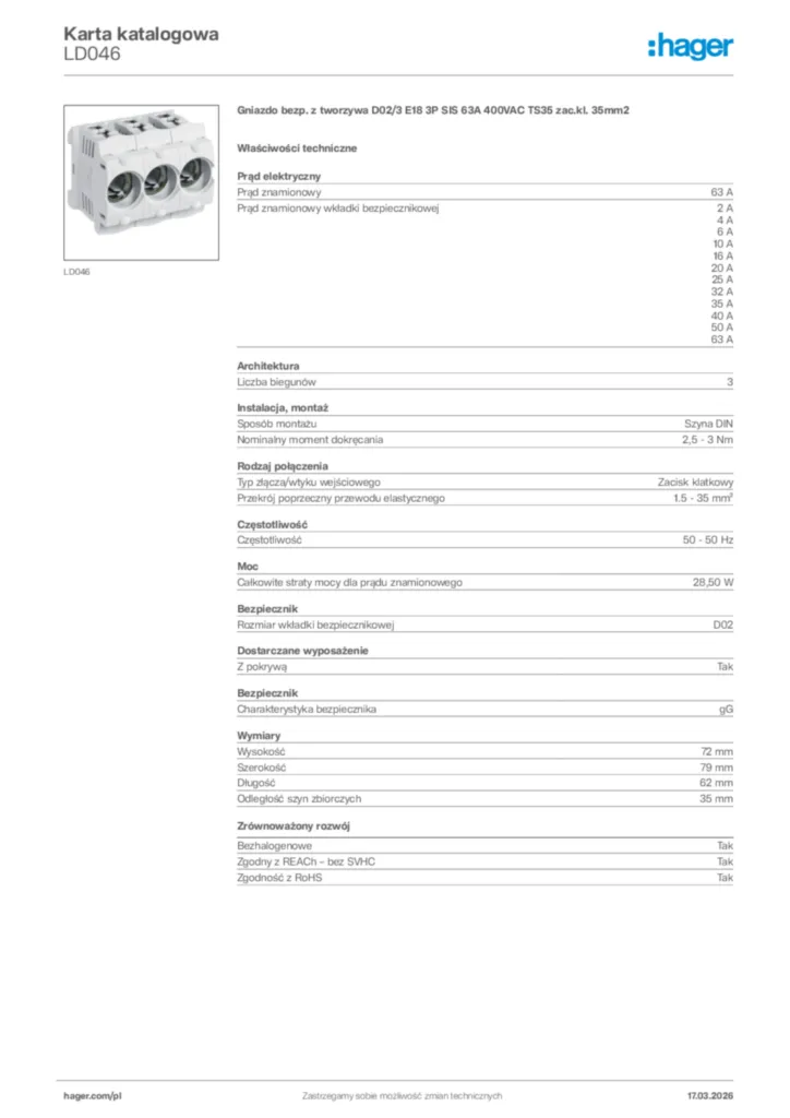 Zdjęcie Hager Karta katalogowa LD046 | Hager Polska