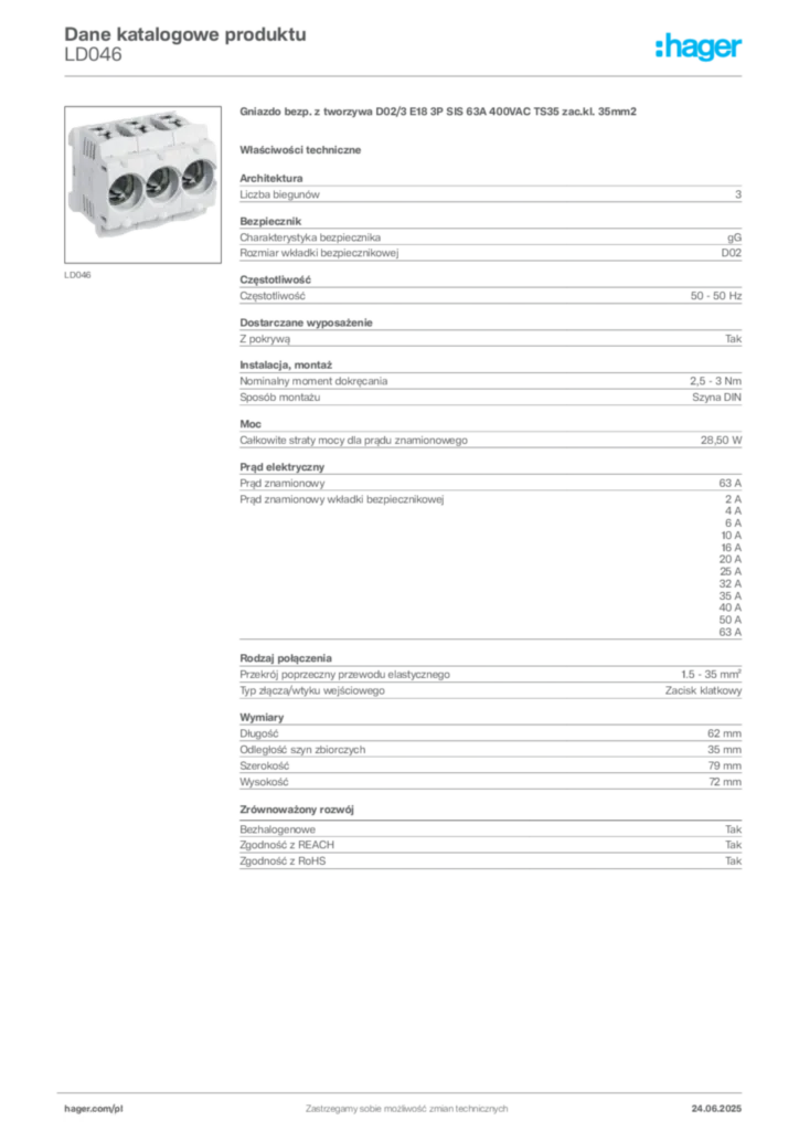 Zdjęcie Hager Karta katalogowa LD046 | Hager Polska