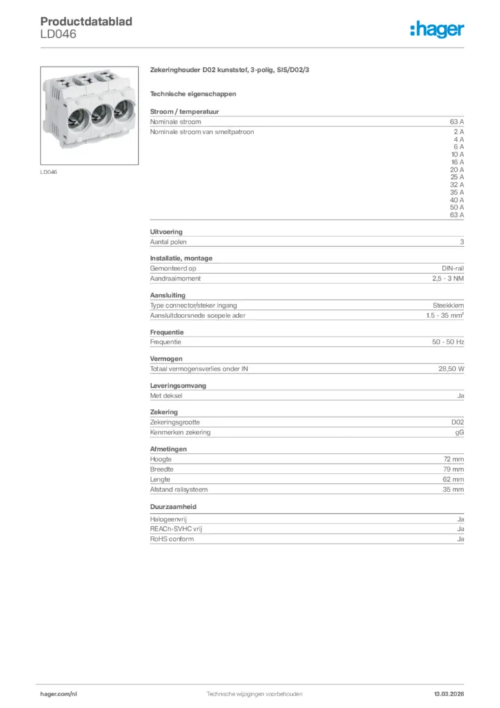 Afbeelding Hager Productdatablad LD046 | Hager Nederland