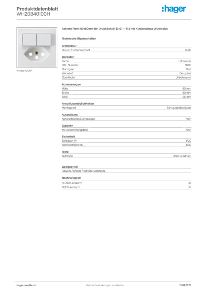 Bild Hager Produktdatenblatt WH20840100H | Hager Schweiz
