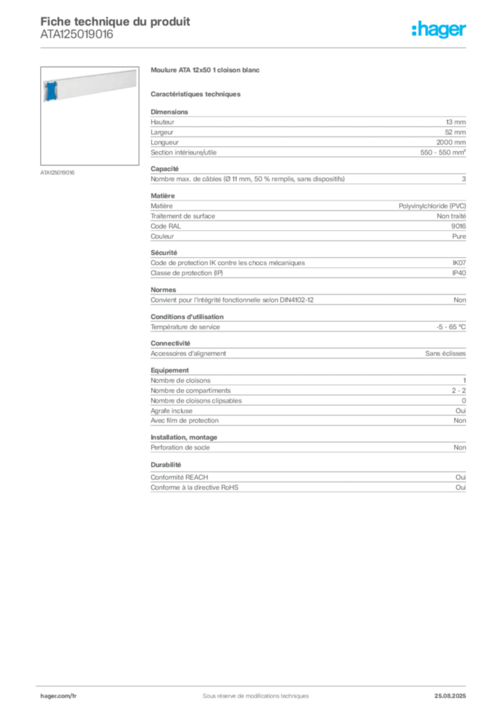 Image Hager Fiche technique du produit ATA125019016 | Hager France