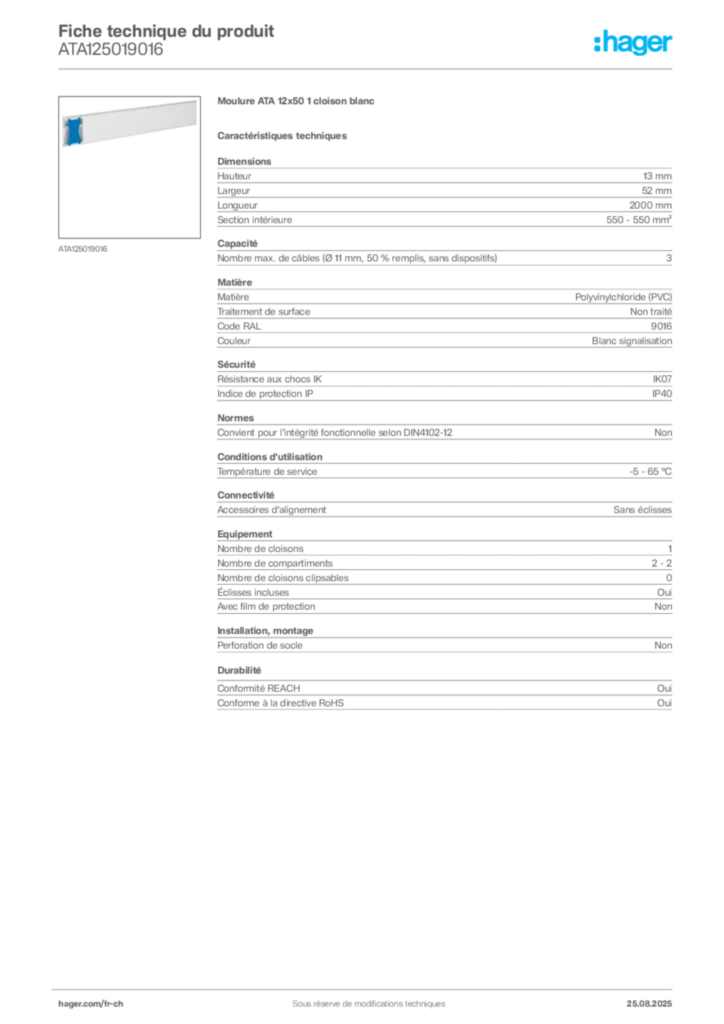 Image Hager Fiche technique du produit ATA125019016 | Hager Suisse