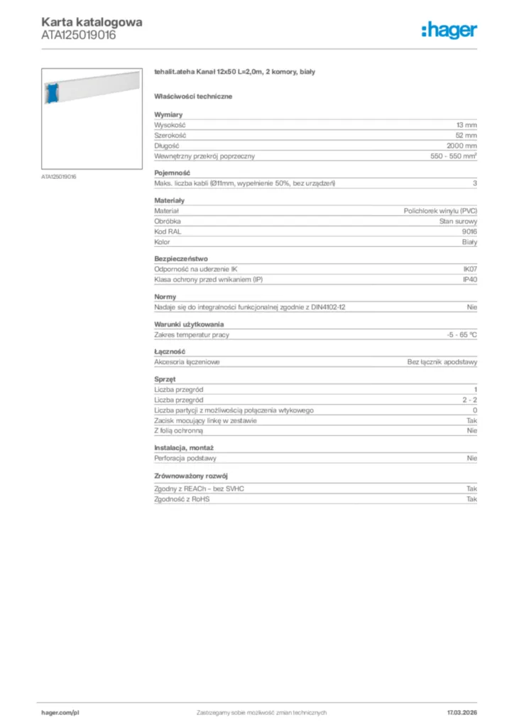 Zdjęcie Hager Karta katalogowa ATA125019016 | Hager Polska