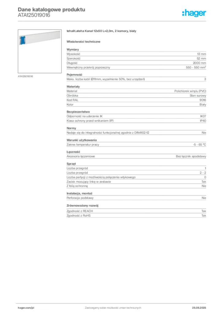 Zdjęcie Hager Karta katalogowa ATA125019016 | Hager Polska