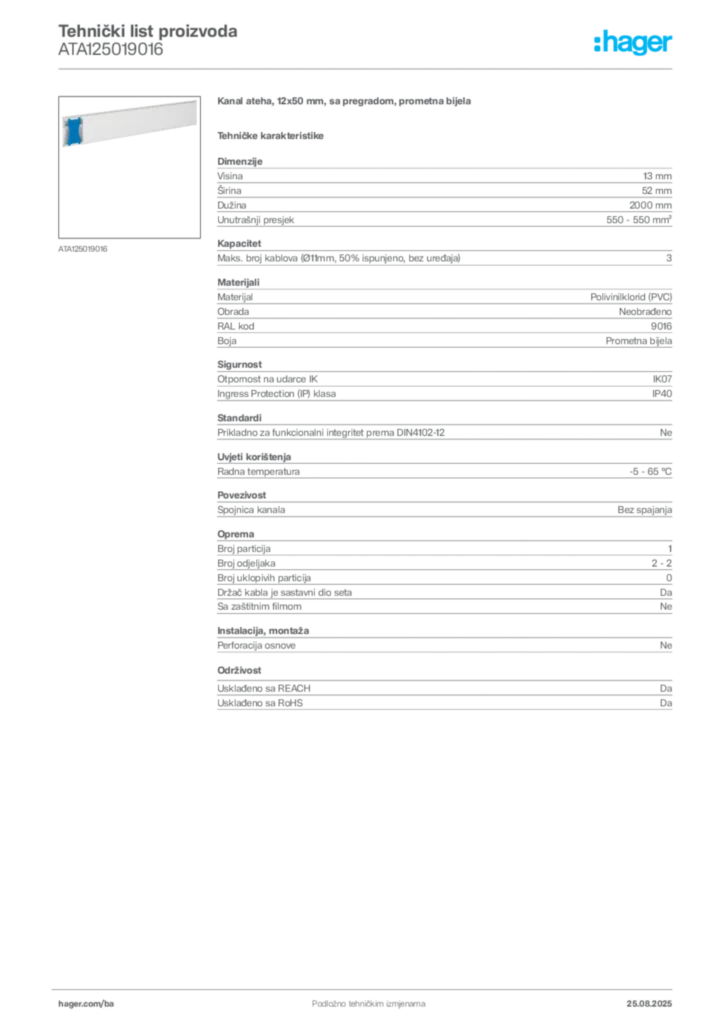Slika Hager Product data sheet ATA125019016  | Hager