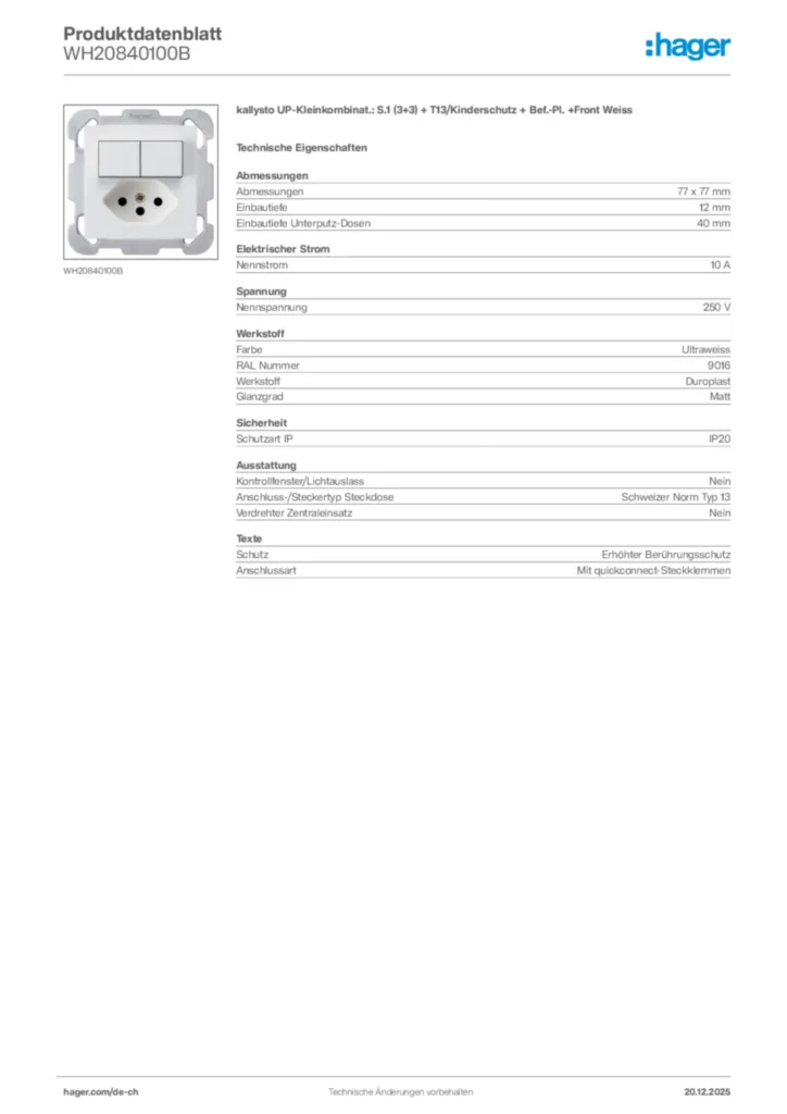 Bild Hager Produktdatenblatt WH20840100B | Hager Schweiz