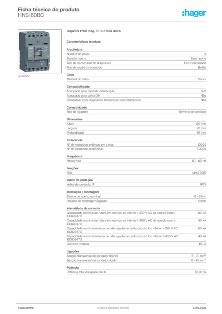 Imagem Hager Ficha técnica do produto HNS160BC | Hager Portugal