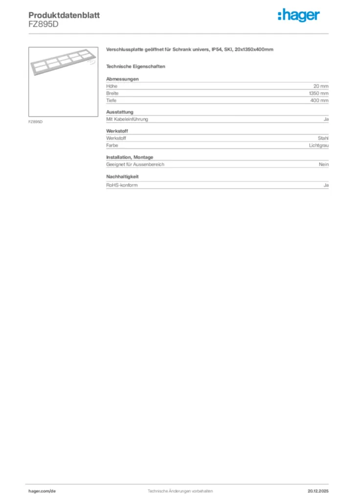 Bild Hager Produktdatenblatt FZ895D | Hager Deutschland