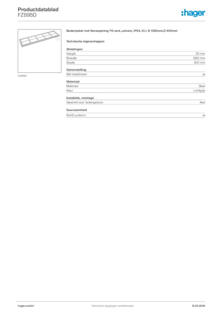 Afbeelding Hager Productdatablad FZ895D | Hager Nederland