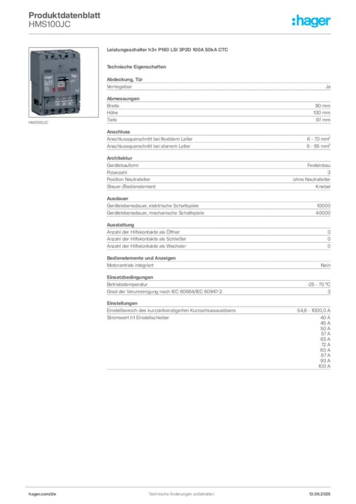 Bild Hager Produktdatenblatt HMS100JC | Hager Deutschland