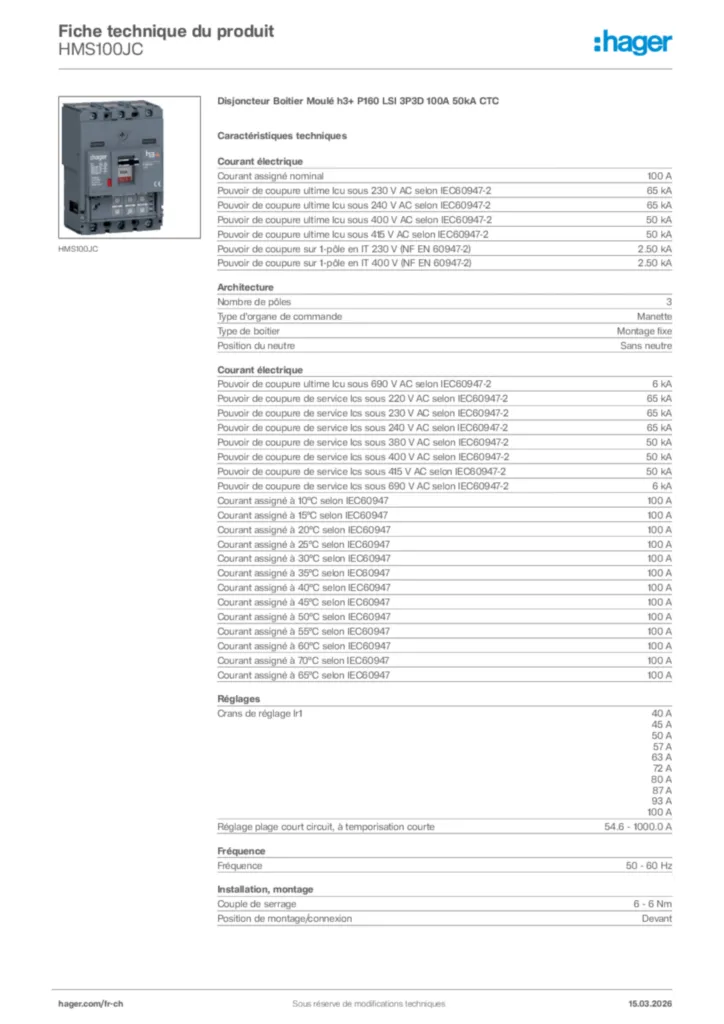 Image Hager Fiche technique du produit HMS100JC | Hager Suisse
