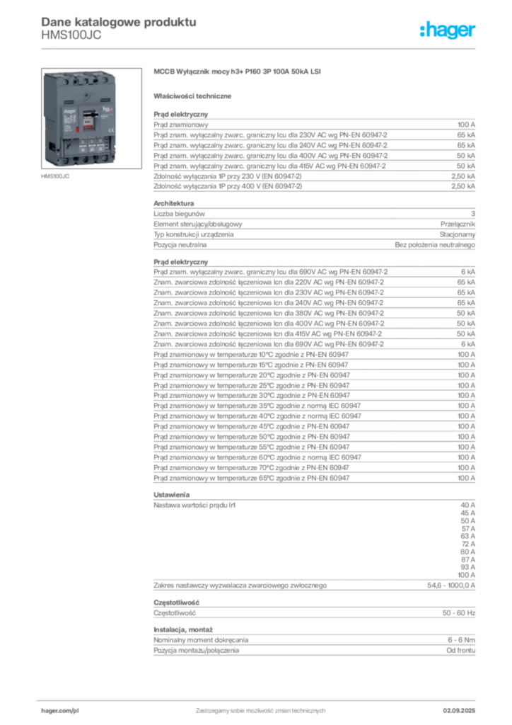 Zdjęcie Hager Karta katalogowa HMS100JC | Hager Polska