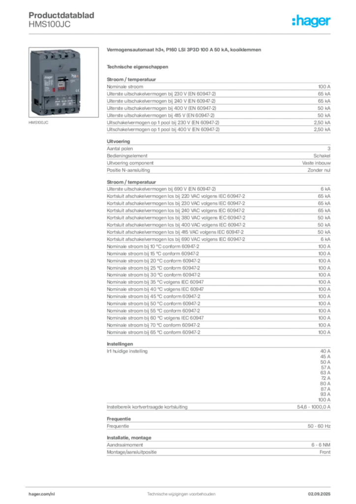 Afbeelding Hager Productdatablad HMS100JC | Hager Nederland