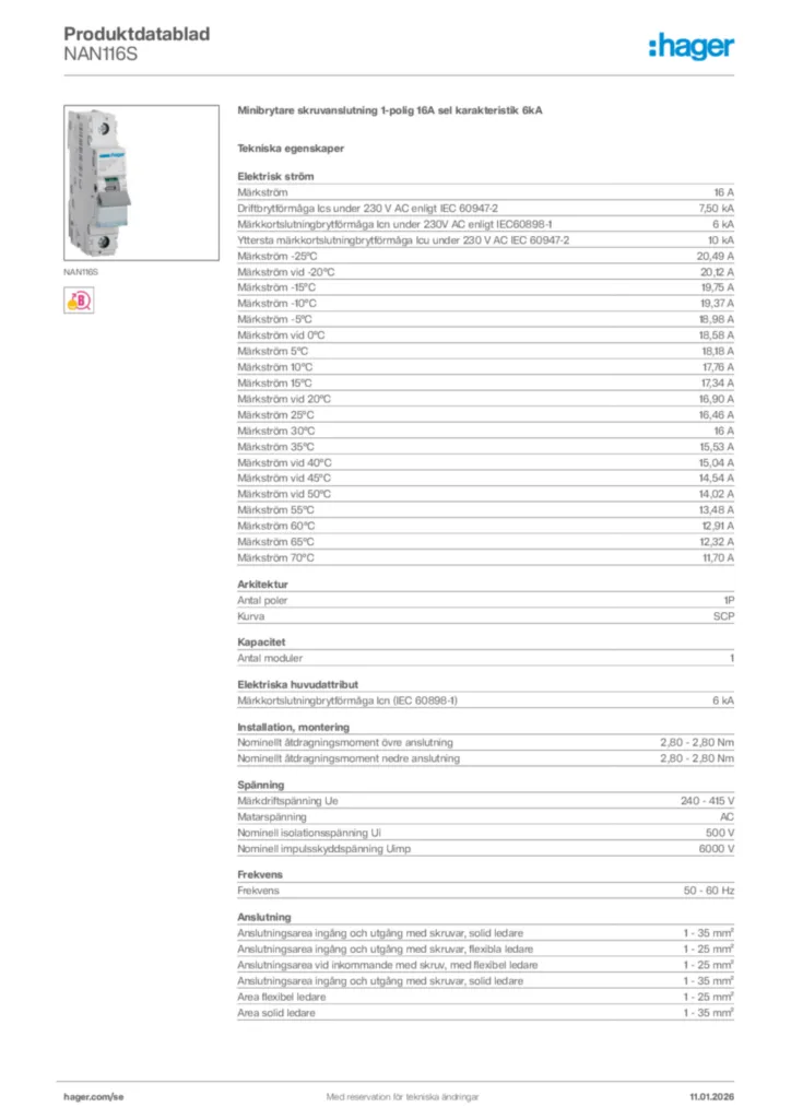 Bild Hager Produktdatablad NAN116S | Hager Sverige