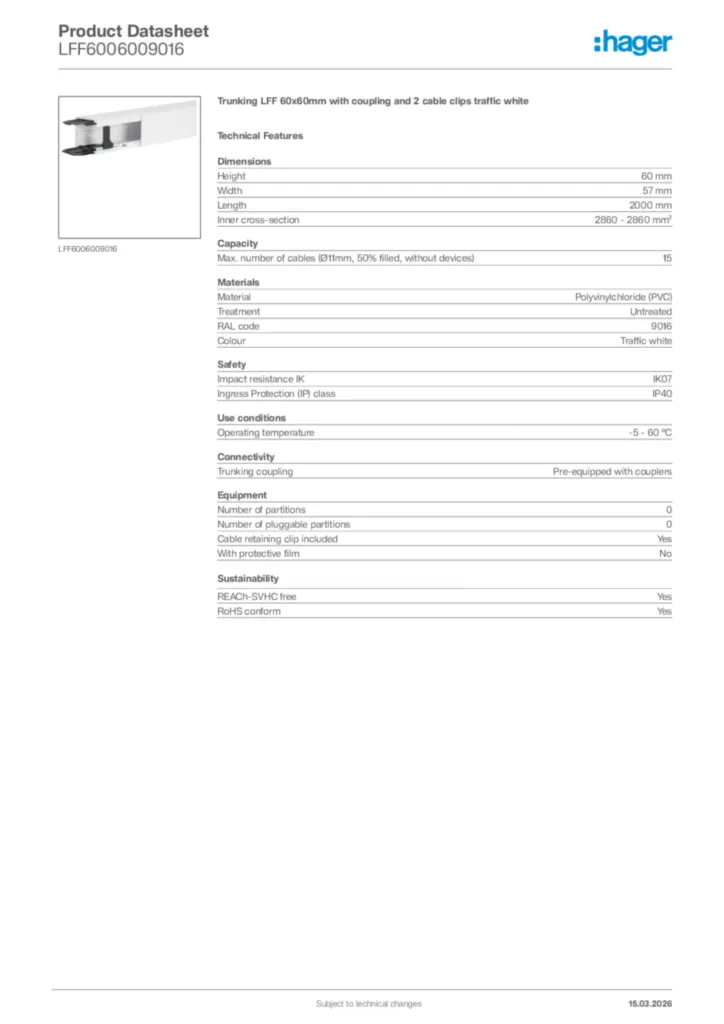 Image Hager Product data sheet LFF6006009016  | Hager Africa