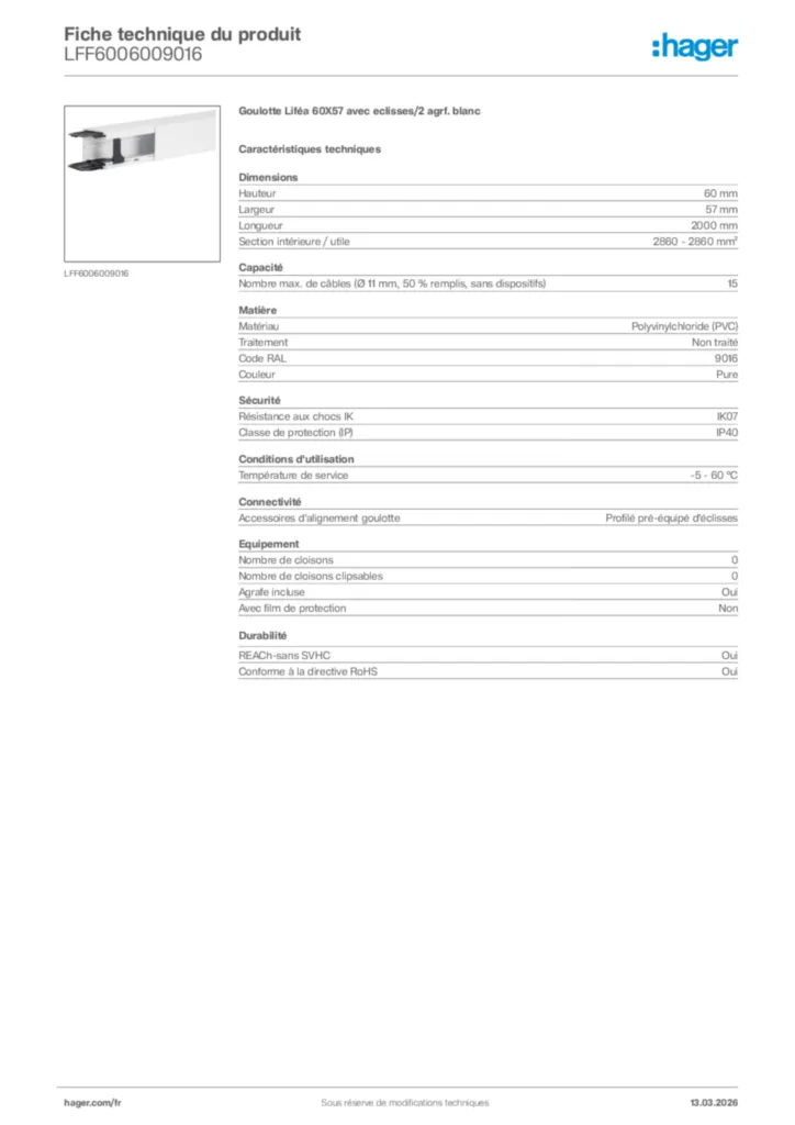 Image Hager Fiche technique du produit LFF6006009016 | Hager France