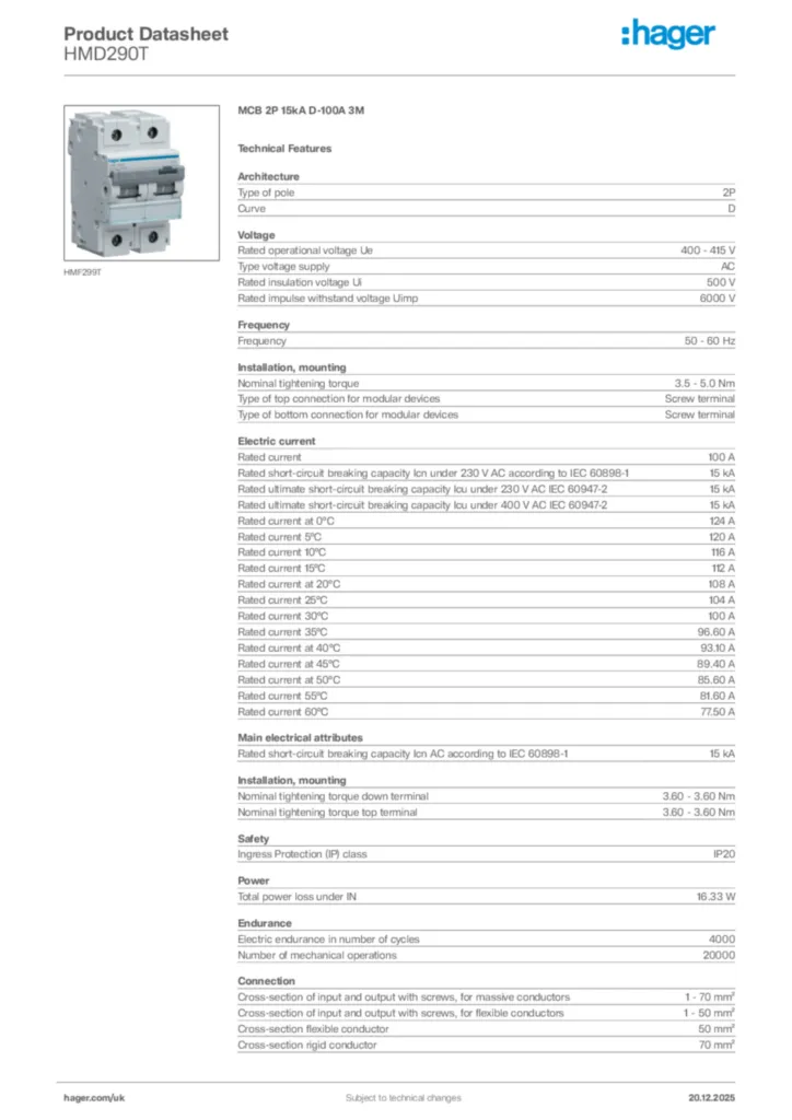 Image Hager Product data sheet HMD290T  | Hager