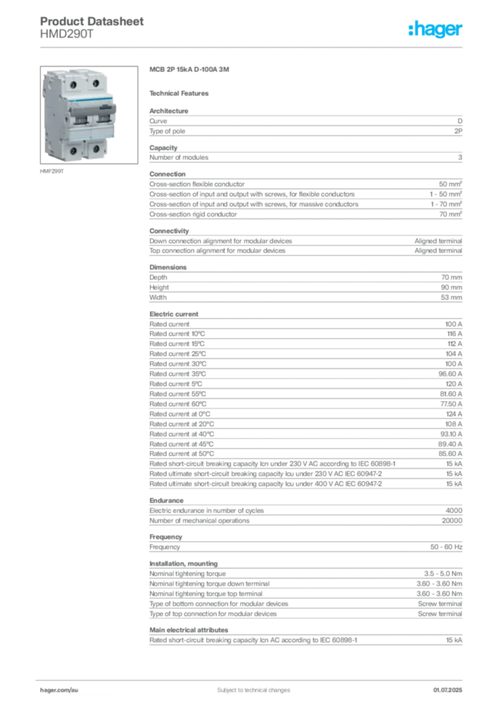 Image Hager Product data sheet HMD290T  | Hager Australia