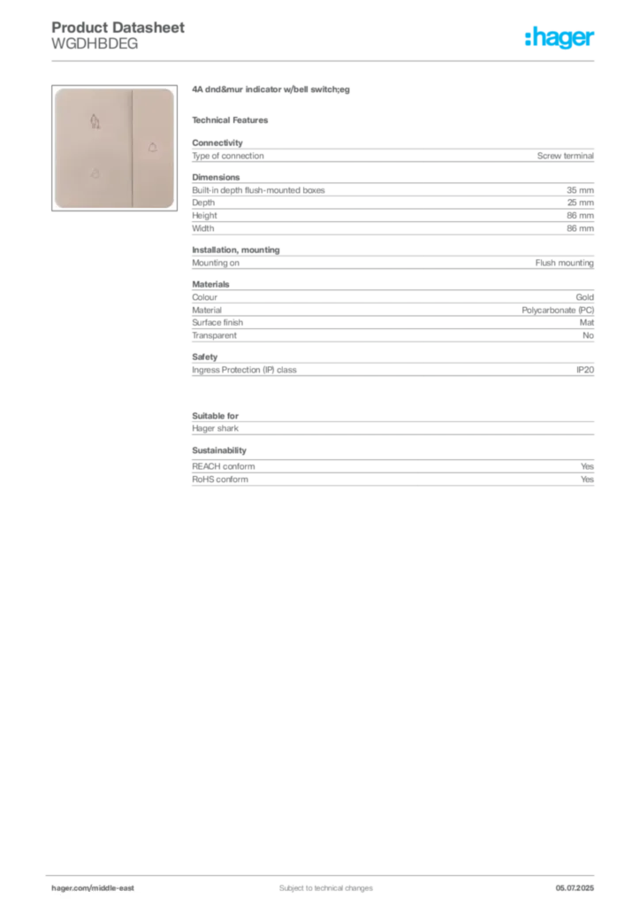 Image Hager Product data sheet WGDHBDEG  | Hager