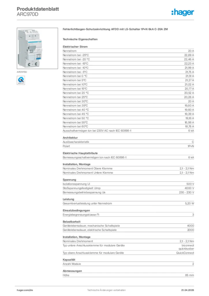 Bild Hager Produktdatenblatt ARC970D | Hager Deutschland