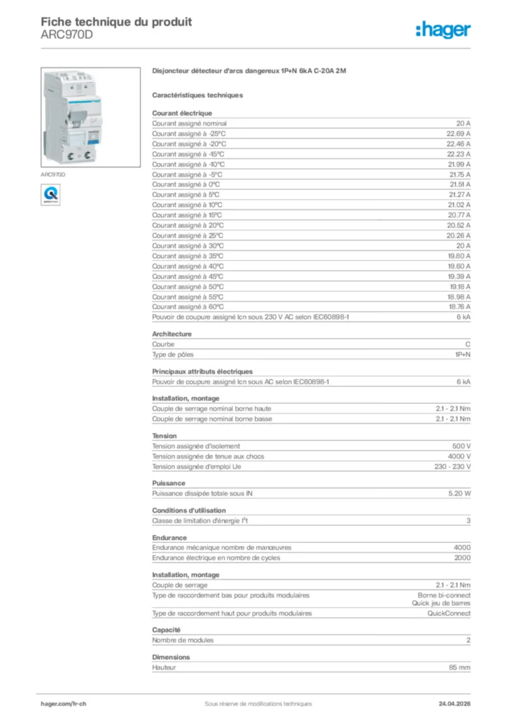 Image Hager Fiche technique du produit ARC970D | Hager Suisse