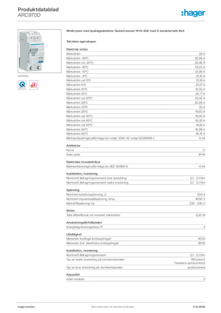 Bild Hager Produktdatablad ARC970D | Hager Sverige