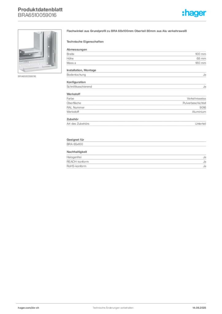 Bild Hager Produktdatenblatt BRA6510059016 | Hager Schweiz