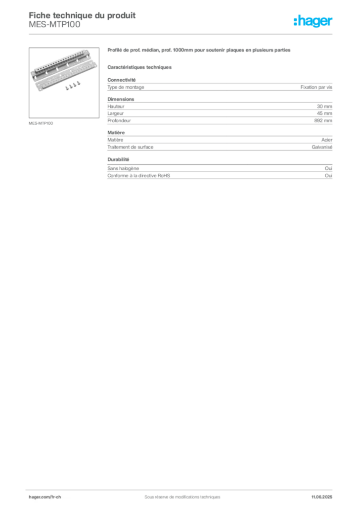 Image Hager Fiche technique du produit MES-MTP100 | Hager Suisse
