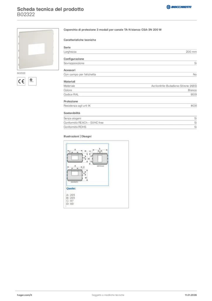 Immagine Bocchiotti Scheda tecnica del prodotto B02322 | Hager Italia