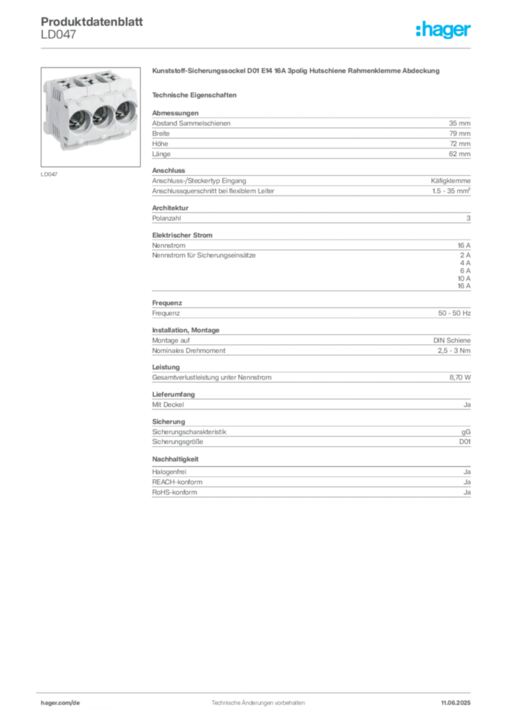 Bild Hager Produktdatenblatt LD047 | Hager Deutschland