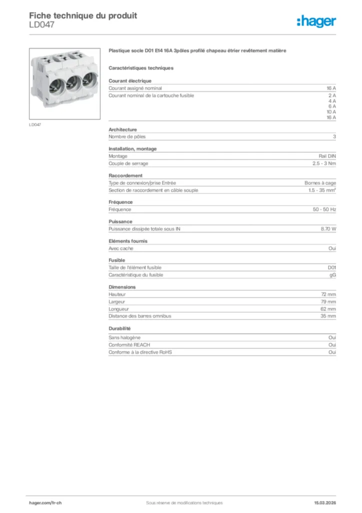 Image Hager Fiche technique du produit LD047 | Hager Suisse