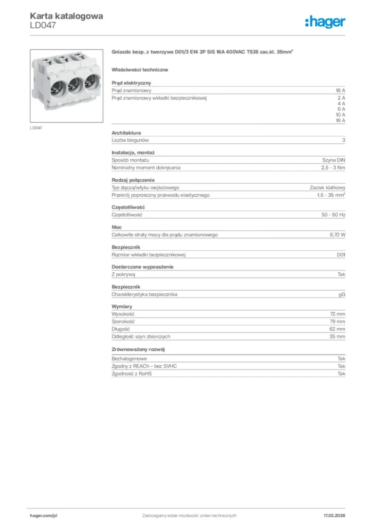 Zdjęcie Hager Karta katalogowa LD047 | Hager Polska