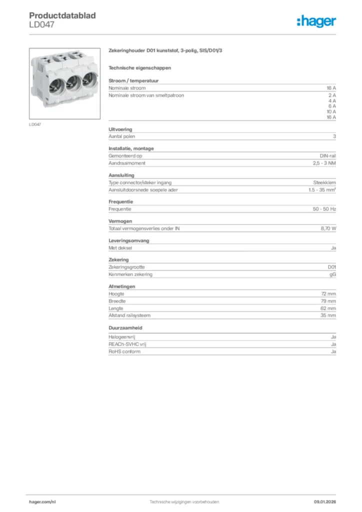 Afbeelding Hager Productdatablad LD047 | Hager Nederland
