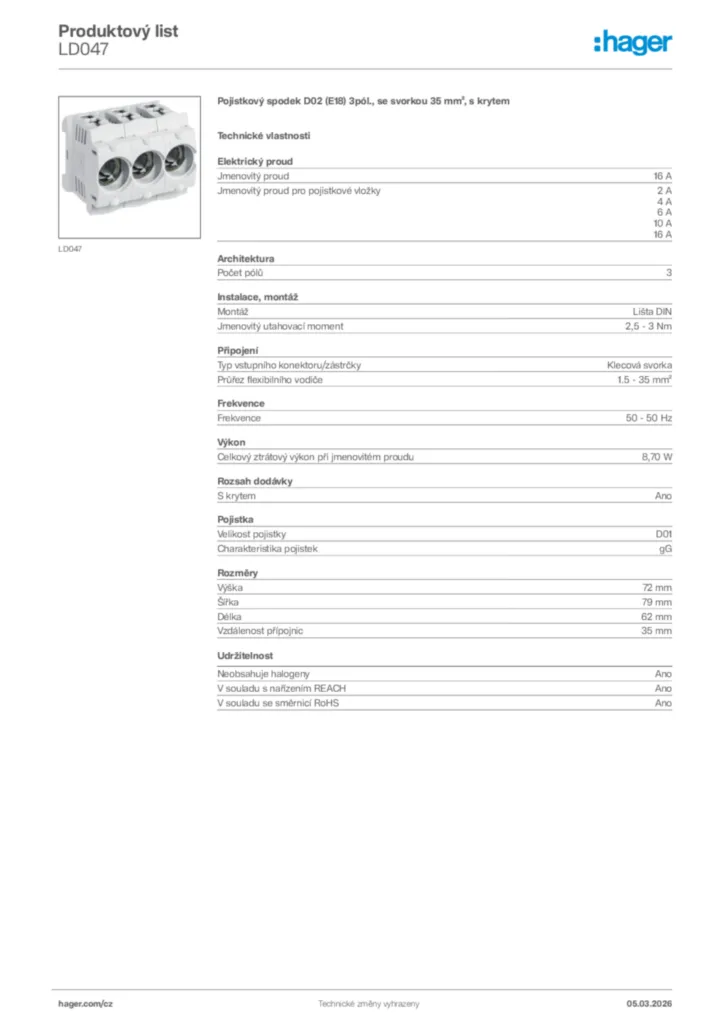 Obrázek Hager Product data sheet LD047 | Hager