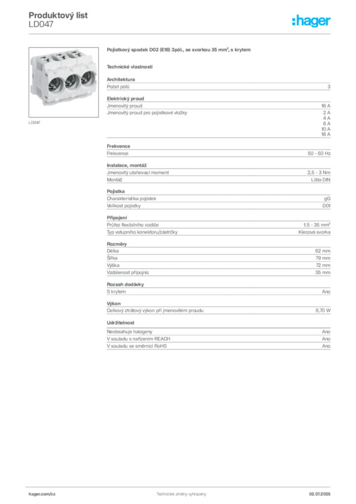 Obrázek Hager Produktový list LD047 | Hager