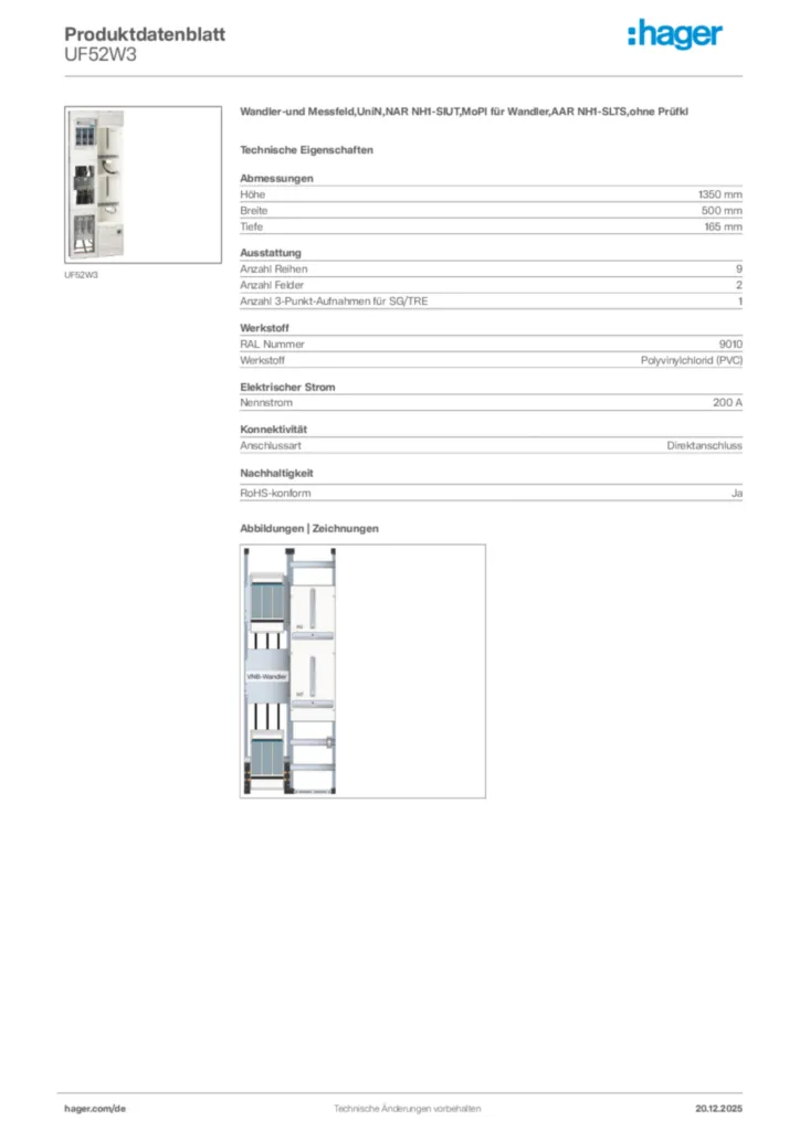 Bild Hager Produktdatenblatt UF52W3 | Hager Deutschland