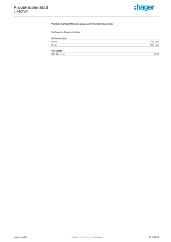 Bild Hager Produktdatenblatt UF52W1 | Hager Deutschland