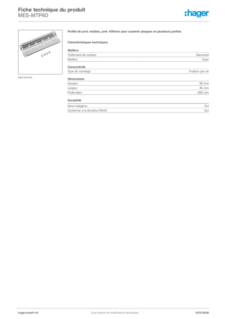 Image Hager Fiche technique du produit MES-MTP40 | Hager Suisse