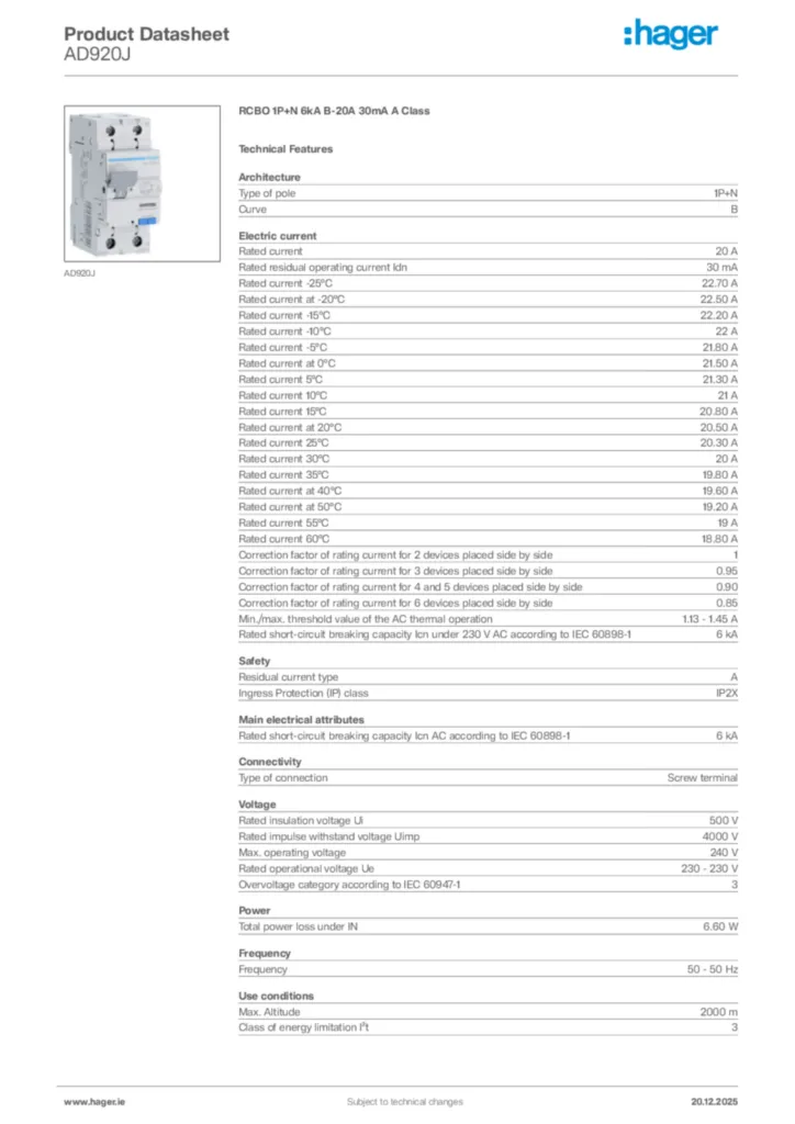 Image Hager Product data sheet AD920J  | Hager