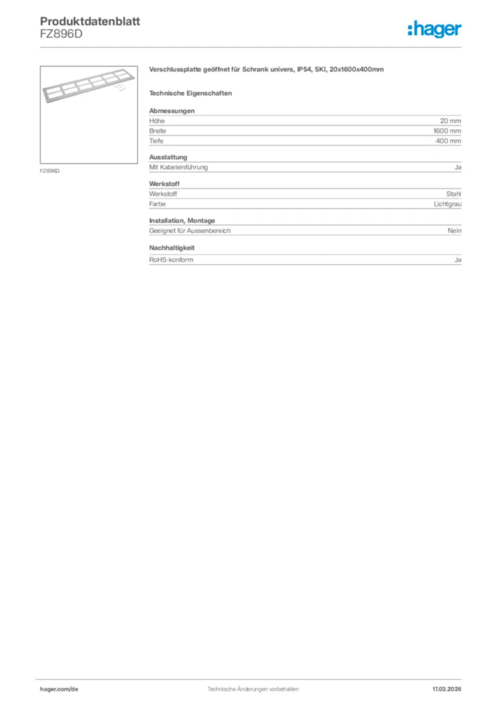 Bild Hager Produktdatenblatt FZ896D | Hager Deutschland