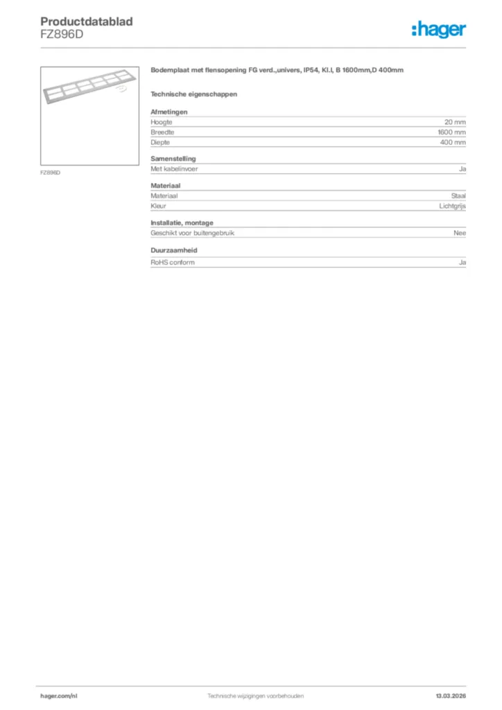 Afbeelding Hager Productdatablad FZ896D | Hager Nederland